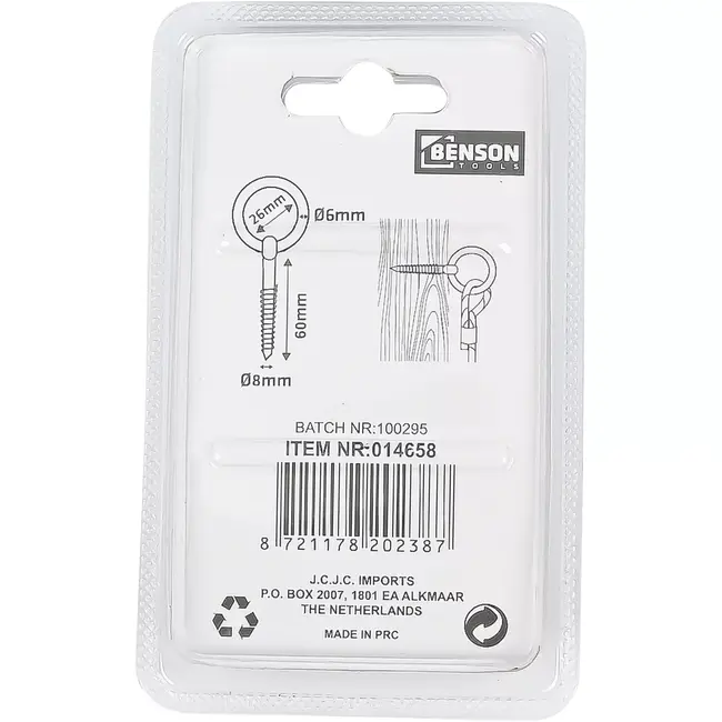 Benson Oogschroef 8 mm 60 mm met Ring voor Montage