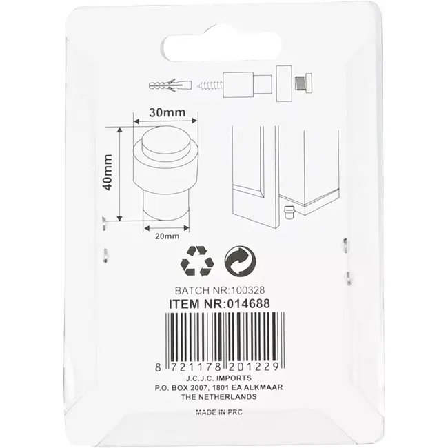 Benson Deurstopper Zilver - 40 mm - 30 mm - zink met nikkel coating en rubber