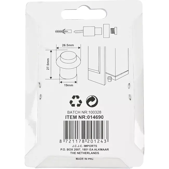 Benson Deurstopper mini zwart - 27,5 mm - 26,5 mm - Zink met poedercoating en rubber