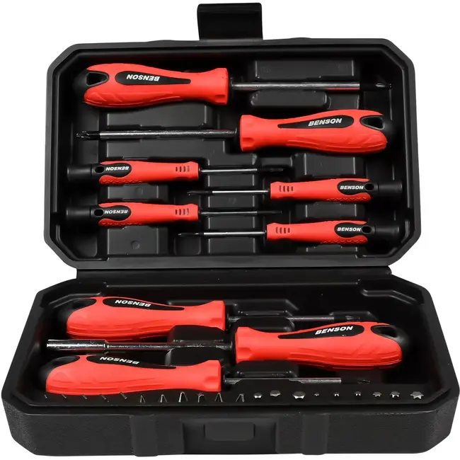 Benson Schroevendraaier set in bo x 29-delig - met handvat - 00 x 50 mm - 000 x 50 mm - 25 mm - 6 x 100 mm - 7 mm - PH0 - PH1 - PH2 - PH3 - PZ1 - PZ2 - T10 - T15 - T20 - T25 - T30 - T40