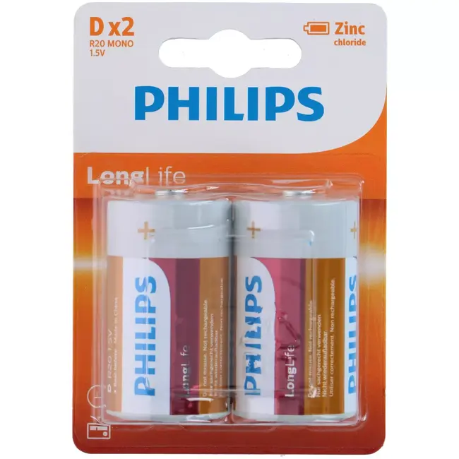 Philips Longlife D batterijen - 9 v - 2 stuks - voor elektrische klussen - voor montage en aansluiting