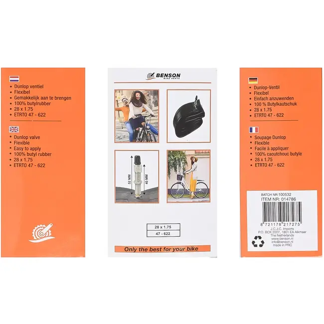 Benson Binnenband 28x 1,75 butyl - volledig gemaakt van butylrubber - 100% kwaliteit - voor fietsgebruik