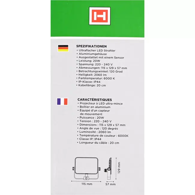 Höfftech LED straler ultra flat 20 W met sensor - 220-240V - 114x167 mm