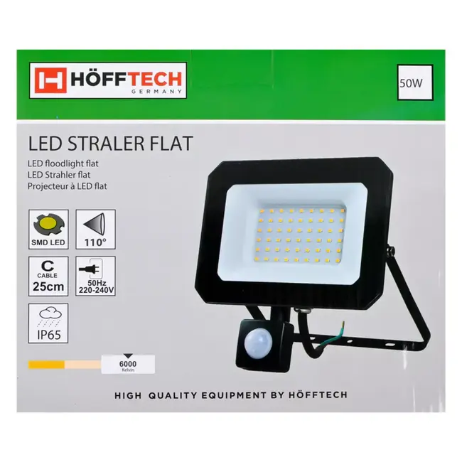 Hofftech Platte LED straler 50 W met sensor, 5000 lm en IP65 buitenlamp