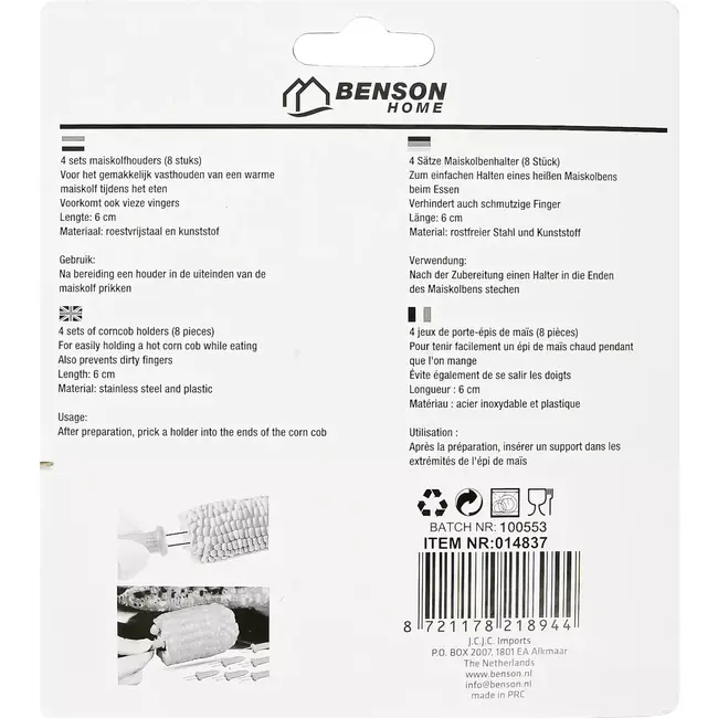 Benson Maiskolfhouders 8-delig - 6 cm - roestvrijstaal en kunststof