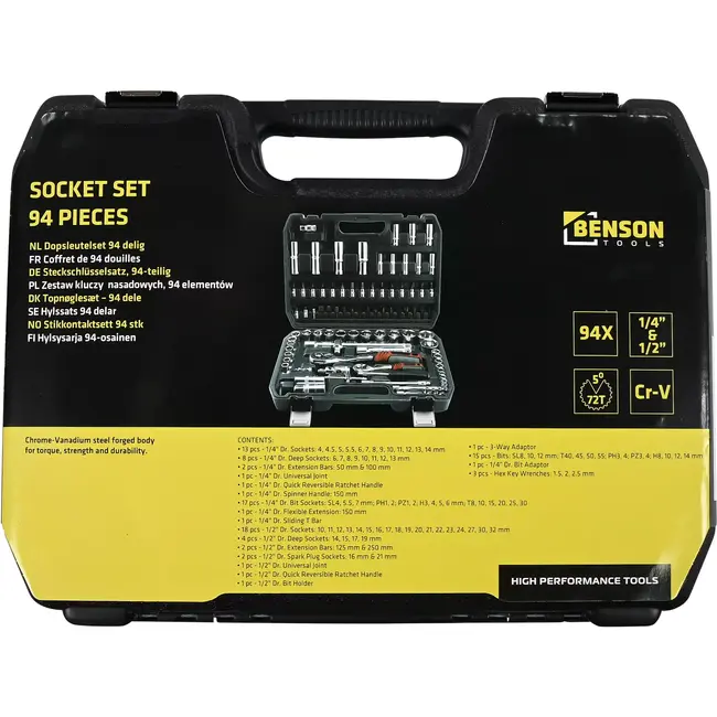 Benson Dopsleutelset 94-delig - 13 mm - 14 mm - 19 mm - 2 x 16 mm - 2 x 21 mm - 32 mm - 8 m - 8 mm - PH1 - PH2 - PH3 - PH4 - PZ1 - PZ2 - PZ3 - PZ4 - T10 - T15 - T20 - T25 - T30 - T40 - T45 - T50 - T55