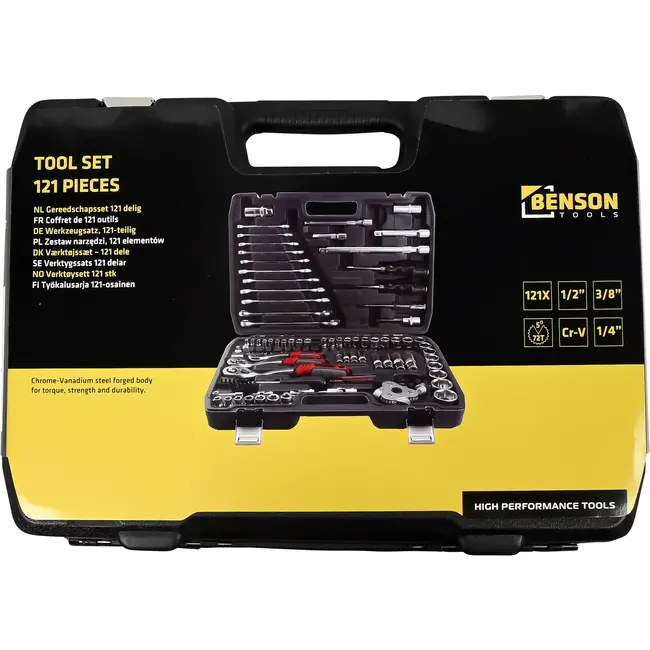 Benson Gereedschapset 121-delig - 102 mm - 12 mm - 13 mm - 16 mm - 17 mm - 19 mm - 21 mm - 24 V - 32 mm - 75 l - PH1 - PH2 - PH3 - PZ1 - PZ2 - T15 - T20 - T25 - T30 - T40 - T50 - T52 - T55