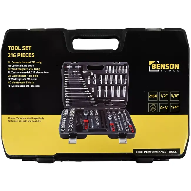 Benson Gereedschapset 216-delig - 10 mm - 100 mm - 14 mm - 19 mm - 21 mm - 4,5 mm - 6,35 mm - 8 x 30 mm - PH1 - PH2 - PH3 - PZ1 - PZ2 - PZ3 - T10 - T15 - T20 - T25 - T27 - T30 - T55 - T60