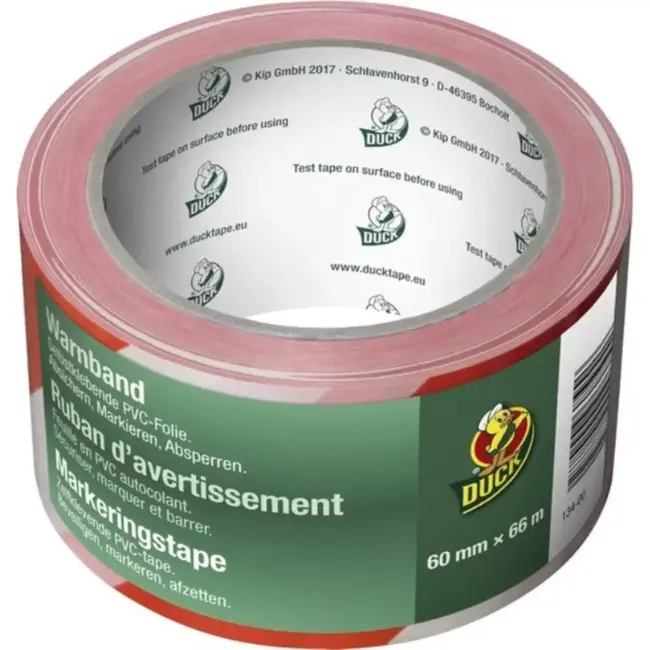 Duck Markeringstape rood/wit 60 mm x 66 m - Rood/wit gestreept klassiek veiligheidscontrast - 66 meter voldoende voor uitgebreide markeringen - 60 mm goed zichtbaar - Sterke kunststof / PVC met zelfklevende achterkant