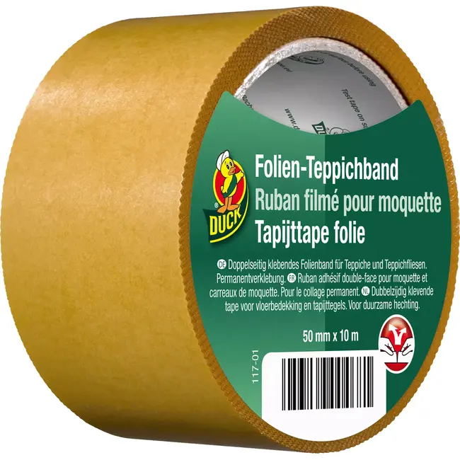 Duck Dubbelzijdige tapijttape folie 50 mm x 10 m voor het vastzetten van tapijt en vloerkleden