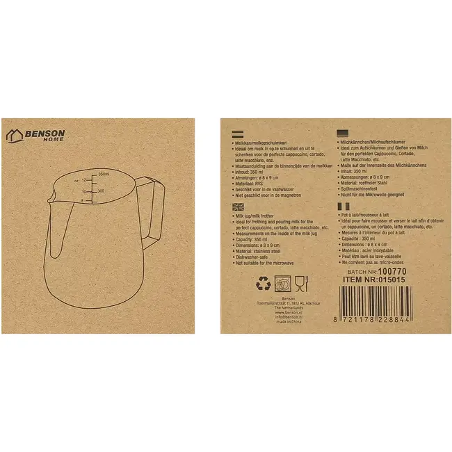 Benson Melkkan RVS 350 ml met maataanduiding voor cappuccino en latte