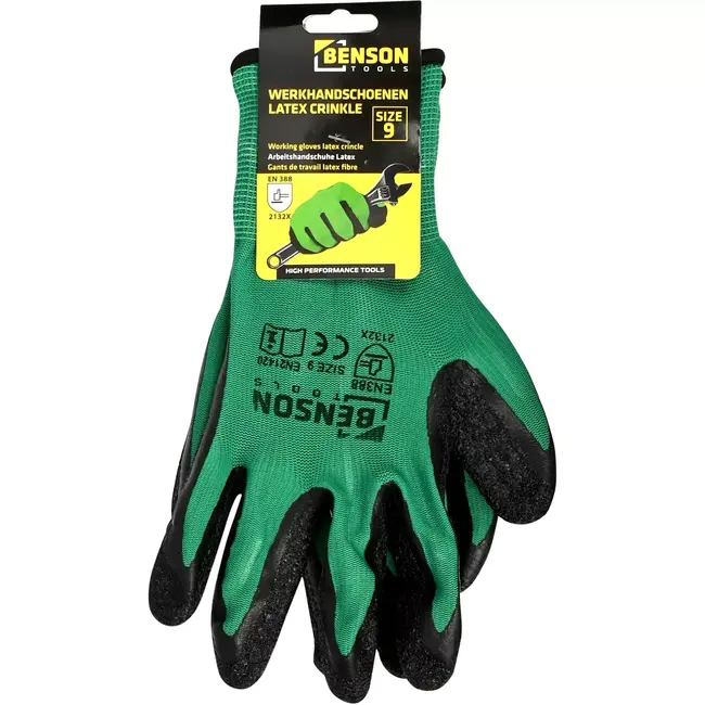 Benson Werkhandschoenen latex crinkle groen zwart maat 9 - EN 388 - EN21420