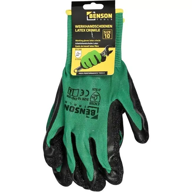 Benson Werkhandschoenen latex crinkle groen zwart maat 10 - EN 388 - EN21420