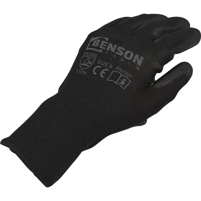 Benson Werkhandschoenen PU palm zwart maat 9 met 13-gauge polyester drager en PU-coating op palm