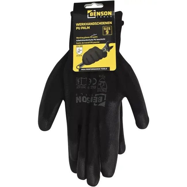 Benson Werkhandschoenen PU palm zwart maat 9 met 13-gauge polyester drager en PU-coating op palm