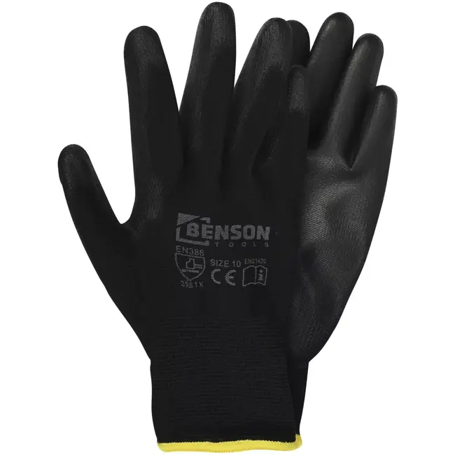 Benson Werkhandschoenen PU palm zwart maat 10 met 13-gauge polyester drager en PU-coating op handpalm