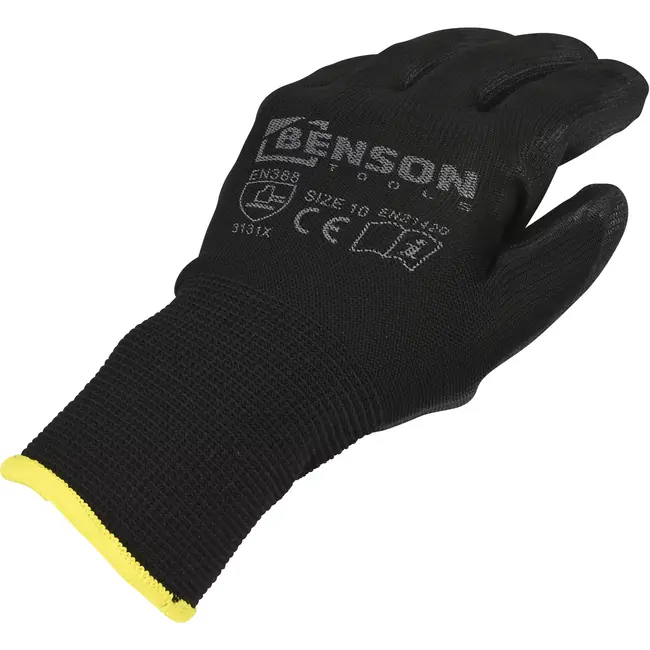Benson Werkhandschoenen PU palm zwart maat 10 met 13-gauge polyester drager en PU-coating op handpalm