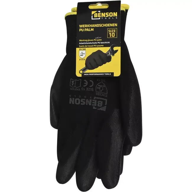 Benson Werkhandschoenen PU palm zwart maat 10 met 13-gauge polyester drager en PU-coating op handpalm