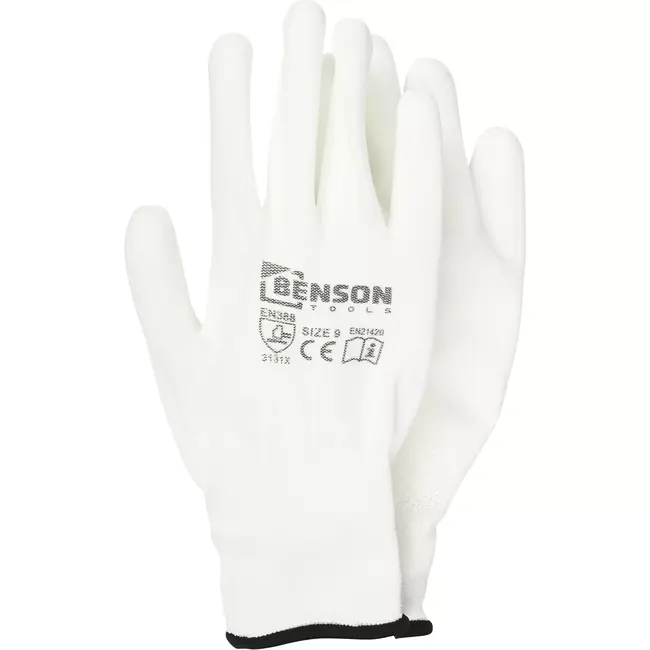 Benson Werkhandschoenen PU palm wit maat 9 met 13-gauge polyester voering en coating op handpalm