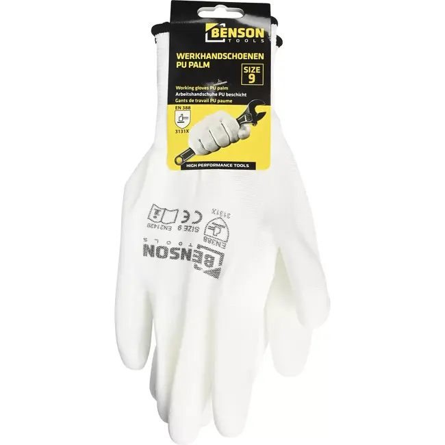 Benson Werkhandschoenen PU palm wit maat 9 met 13-gauge polyester voering en coating op handpalm