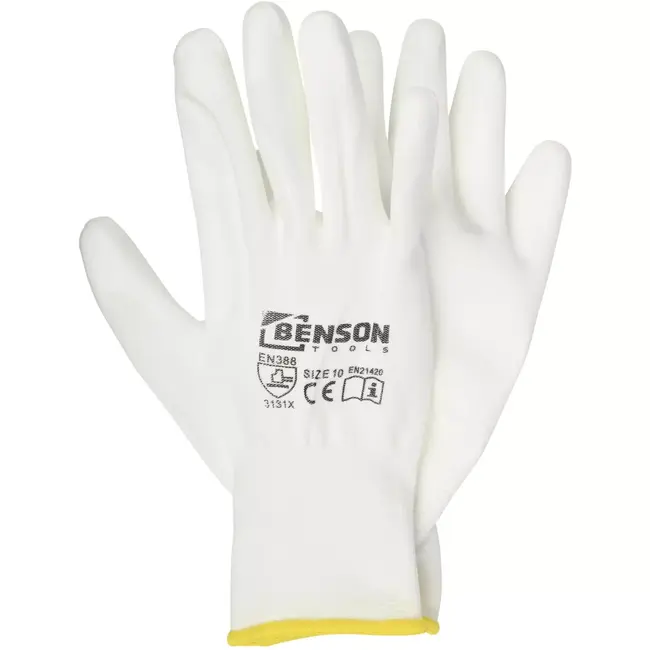 Benson Werkhandschoenen PU palm wit maat 10 met 13-gauge polyester drager en PU-coating op handpalm