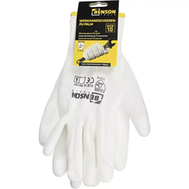 Benson Werkhandschoenen PU palm wit maat 10 met 13-gauge polyester drager en PU-coating op handpalm