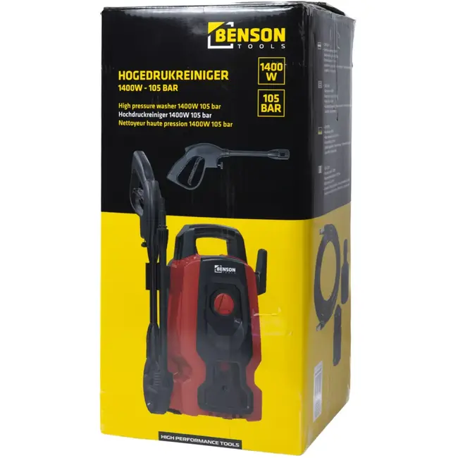Benson Hogedrukreiniger 1400 W met 105 bar maximale druk, 5 m slang, filter en pistoolgreep erbij