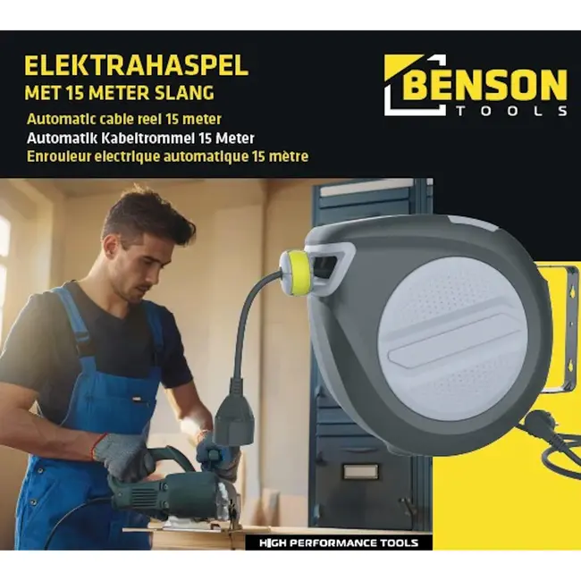 Benson Elektrahaspel 15 meter met automatische kabel-oprolfunctie