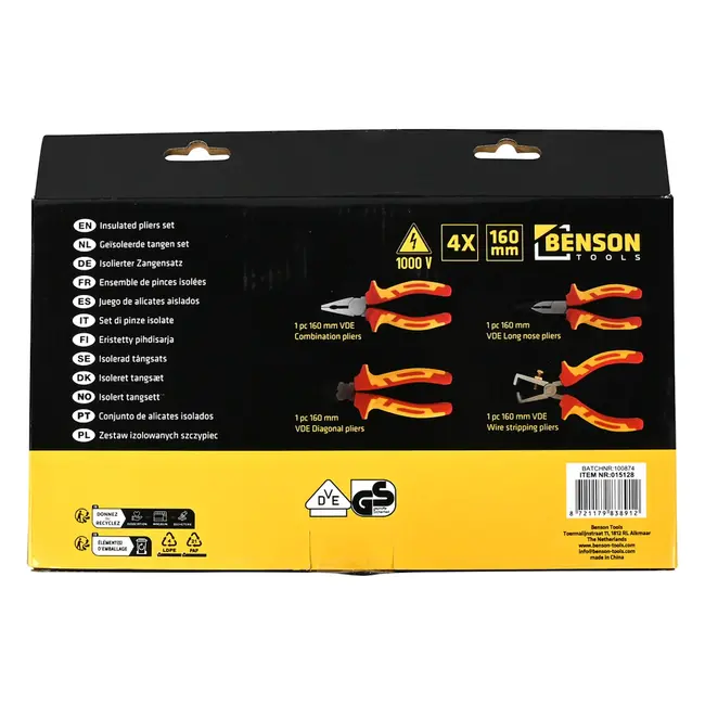 Benson VDE tangenset 4-delig met 4 geïsoleerde tangen van 160 mm