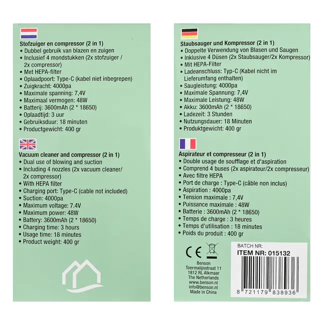 Benson 2-in-1 Stofzuiger en compressor mini 3600 mAh - 4 V - 48 W - 7,4 V