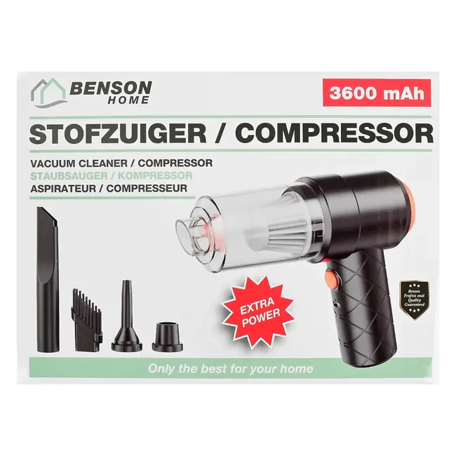 Benson 2-in-1 mini stofzuiger en compressor 3600 mAh met 4000 Pa, 48 W en Type-C voor auto en thuis
