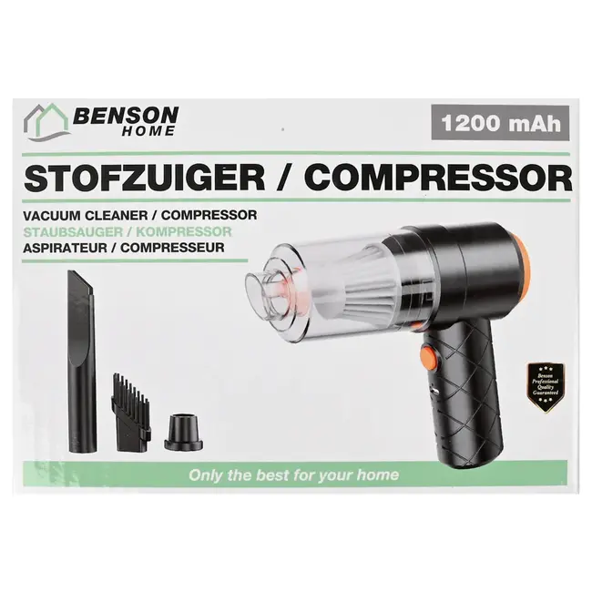Benson 2-in-1 mini stofzuiger en compressor 1200 mAh met HEPA-filter, 2500 Pa en 3 mondstukken