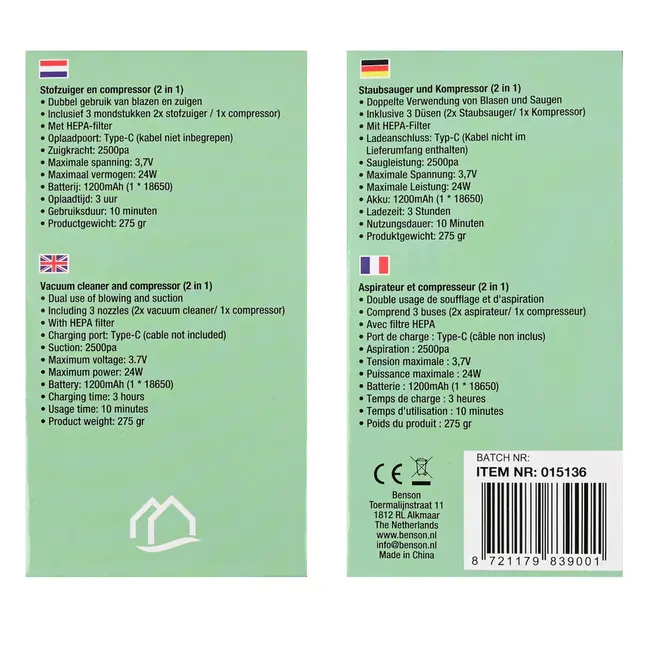 Benson 2-in-1 Stofzuiger en compressor mini 1200 mAh - 24 W - 3,7 V - 7 V