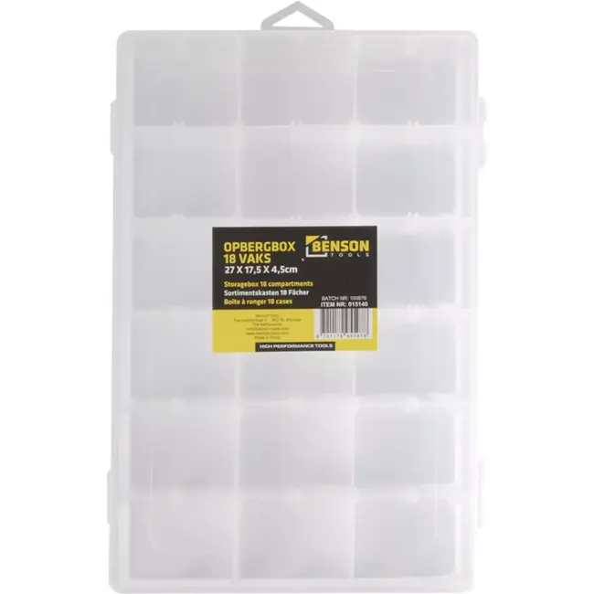 Benson Opbergbox met 18 vakken - 27 x 17,5 x 4,5 cm - kunststof met transparante deksel voor klussen