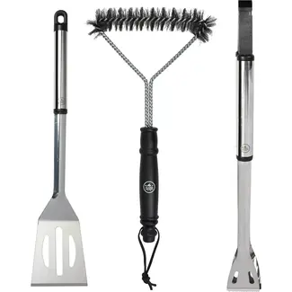 Merkloos Barbecuegereedschapset 3-delig met spatel, borstel en schraper