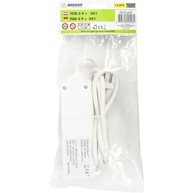 Benson Stekkerdoos 3-voudig 2 x 1,5 mm + 1,5 mtr - 16A - 250 V - 3500 W