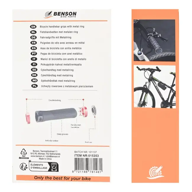 Benson Fietshandvatten met metalen ring 22 x 135 mm - elk ca. 2,2 x 13,5 cm - met grip - 2,2 x 13,5 cm - 22 mm