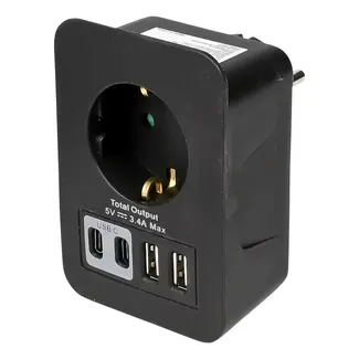 Benson Stopcontactadapter met 4 USB-poorten en randaarde – Zwart