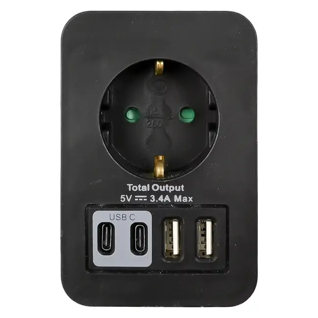 Benson Stopcontactadapter met 4 USB-poorten en randaarde – Zwart