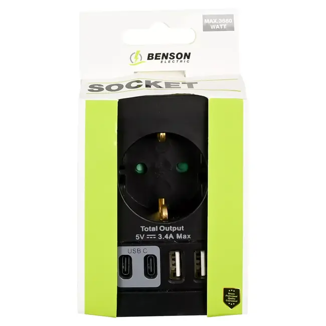 Benson Stopcontactadapter met 4 USB-poorten en randaarde – Zwart