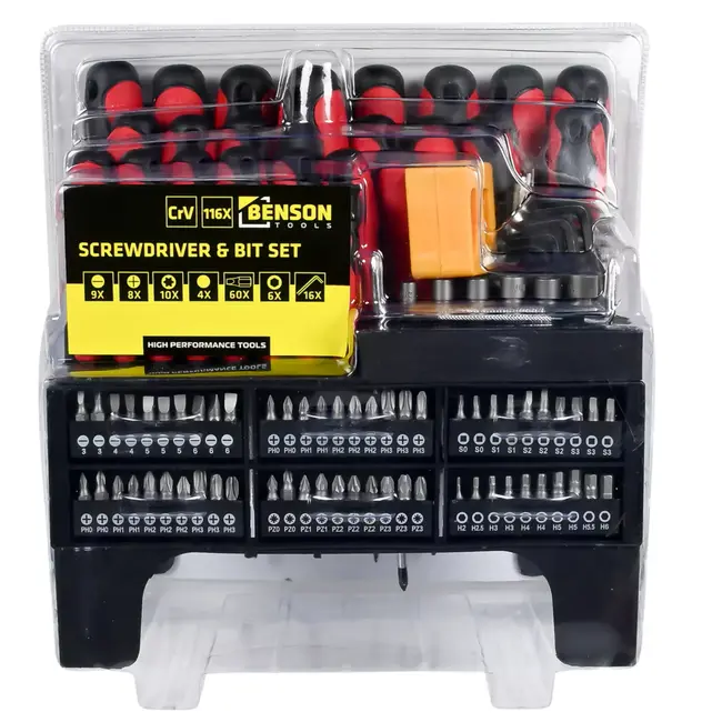 Benson Schroevendraaier en bit set in rek 116-delig - 10 mm - 25 mm - 5 mm - 6 mm - T10 - T15 - T20 - T25 - T30 - T40
