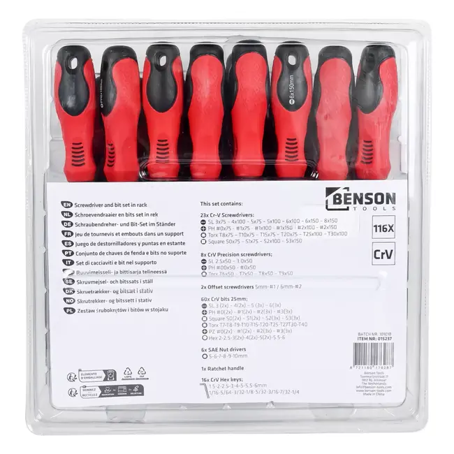 Benson Schroevendraaier en bit set in rek 116-delig - 10 mm - 25 mm - 5 mm - 6 mm - T10 - T15 - T20 - T25 - T30 - T40