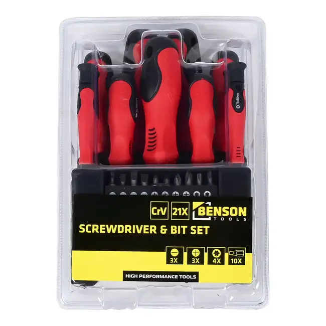 Benson Schroevendraaier en bit set in rek 21-delig - 10 x 25 mm - 6 mm - T10 - T15 - T20 - T25