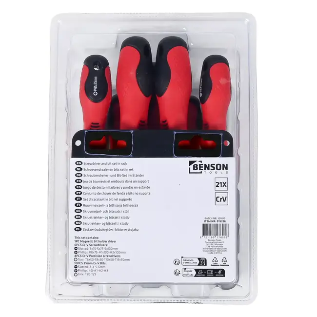 Benson Schroevendraaier en bit set in rek 21-delig - 10 x 25 mm - 6 mm - T10 - T15 - T20 - T25