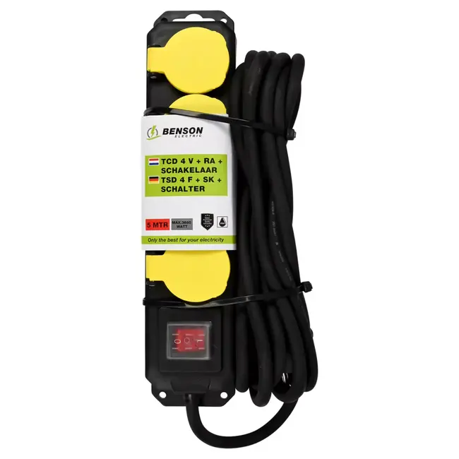 Benson Stekkerdoos 4-voudig + RA + schakelaar 5,0 mtr IP44 - 16A - 230 V