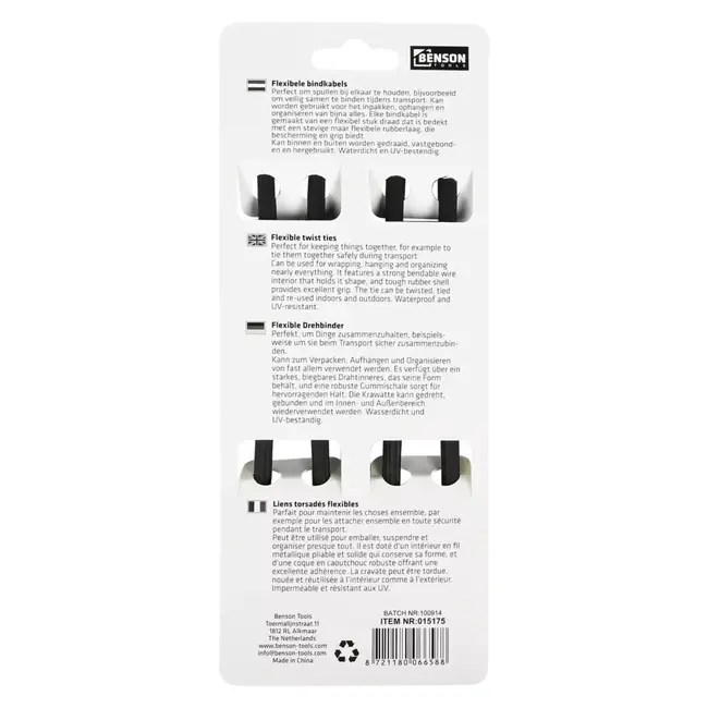 Benson Flexibele bindkabelset zwart 30 cm - set van 2 stuks kunststof