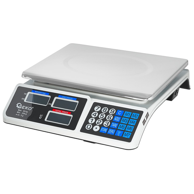 GEKO Weegschaal 40 kg met LED-display voor en achter, 33 x 24 cm platform en 8 prijsgeheugens
