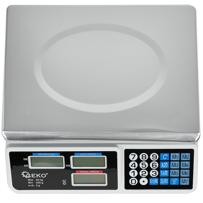 GEKO Weegschaal 40 kg met LED-display voor en achter, 33 x 24 cm platform en 8 prijsgeheugens