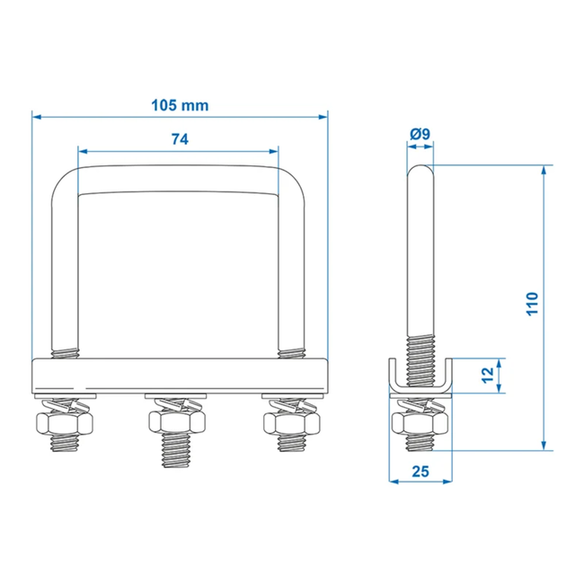 Proplus U-beugels vierkant 70 mm voor neuswielklemhouder, M10 draad, thermisch verzinkt, set van 2