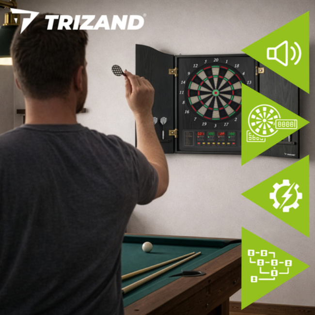 Trizand Elektronisch dartbord met afsluitbare kast, speelveld 35 cm, 4 LED displays, 27 spellen, 243 varianten, 1 tot 16 spelers, netvoeding